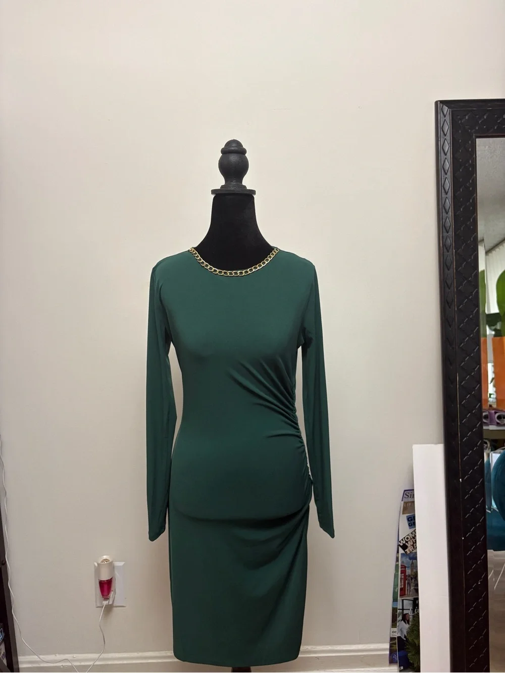 Michael Kors Emerald Green Long-Sleeve Sheath Dress with Gold Chain